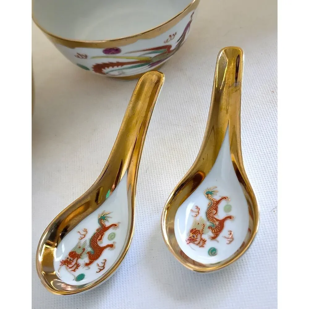 Bowls-Rice/Noodle-Chinese Theme-Spoons-Vintage-Gold Trim-Phoenix & Dragon-Set 2 - Picture 4 of 14
